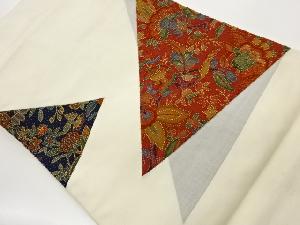 手織り紬パッチワーク蘇州刺繍三角に花唐草模様名古屋帯